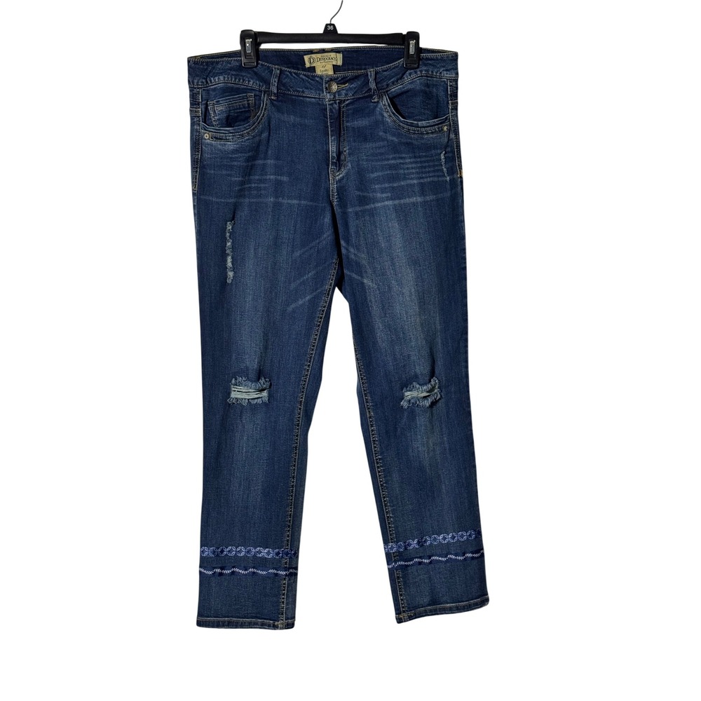 Democracy Equality Skinny Boyfriend Jeans Size 14 Blue Distressed Ribbon Hem